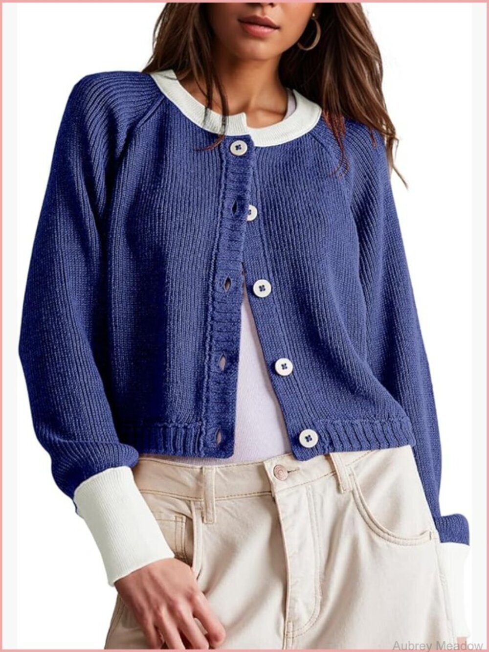 Cropped Cardigan Sweater Long Sleeve Open Front Button Down Color Block Knit